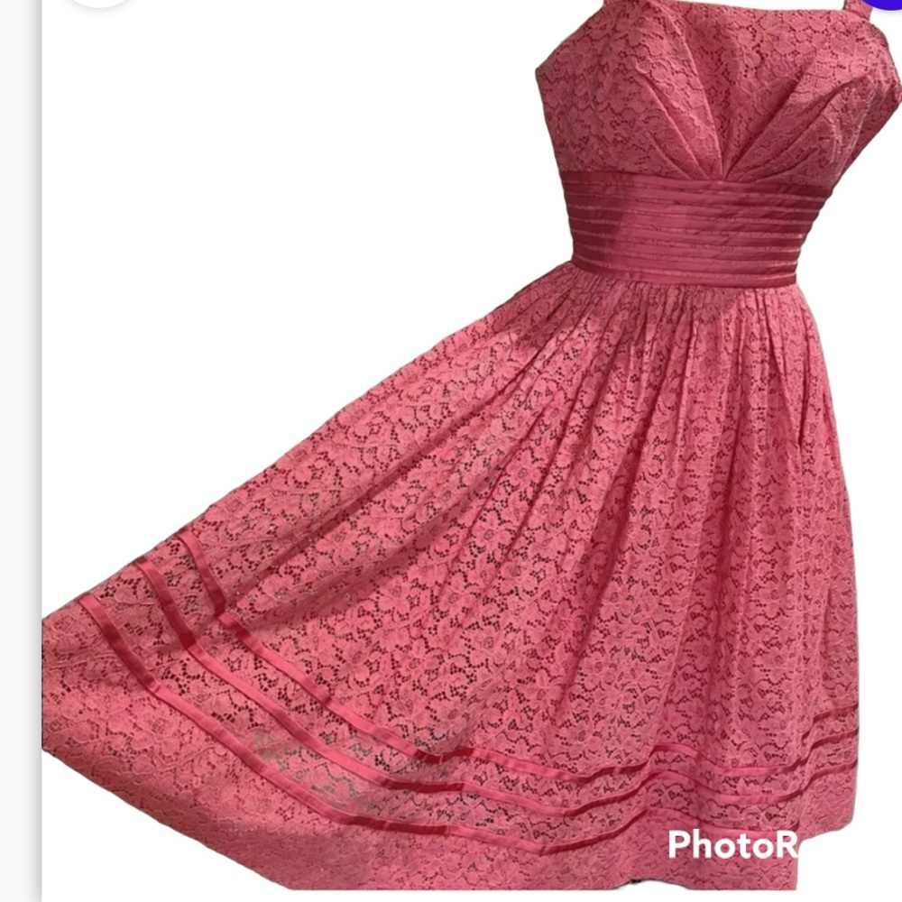 Theme New York vintage vtg lace 50’s dress pink coral rose circle dress S VLV